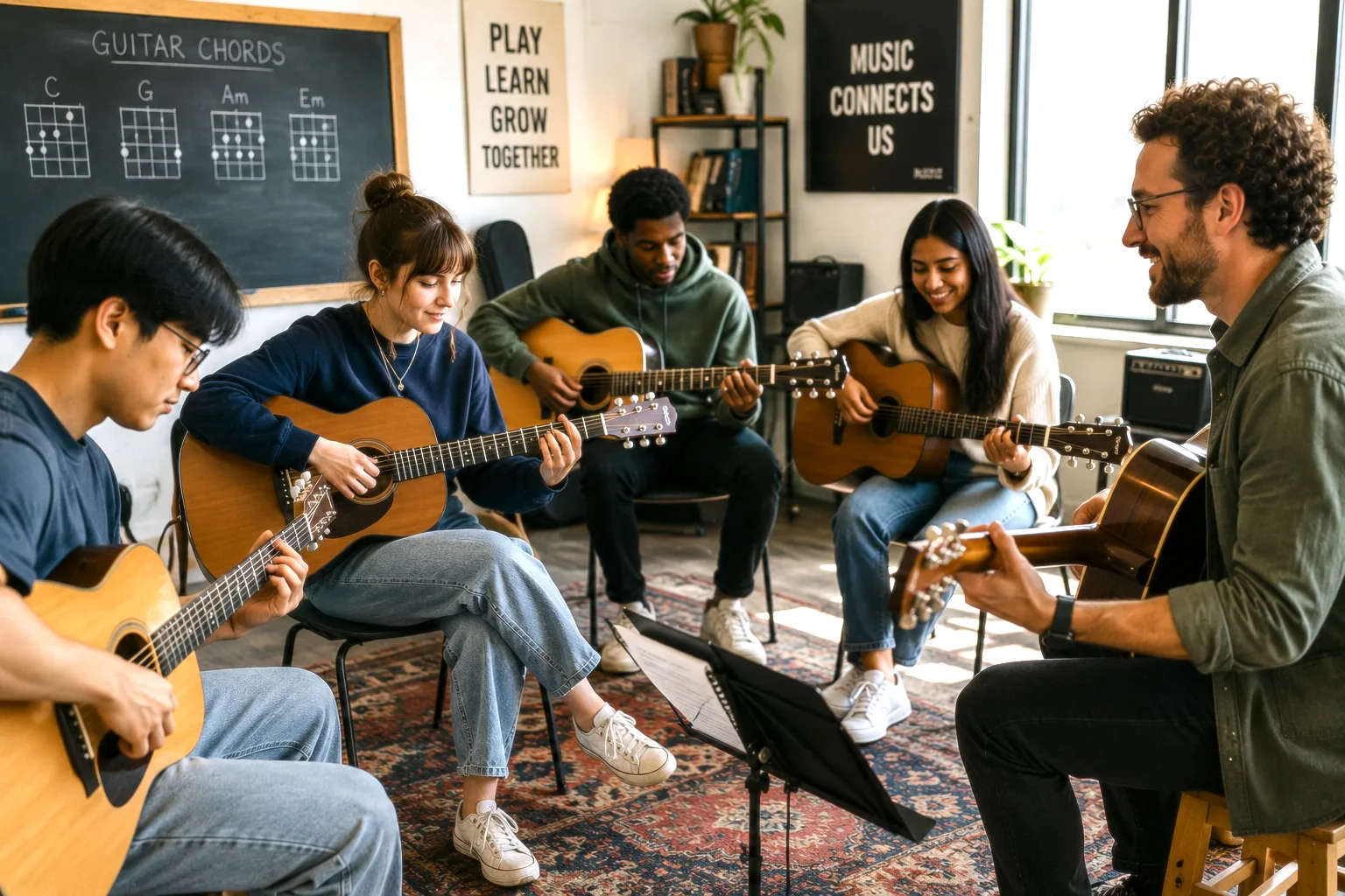 Group playing guitar together