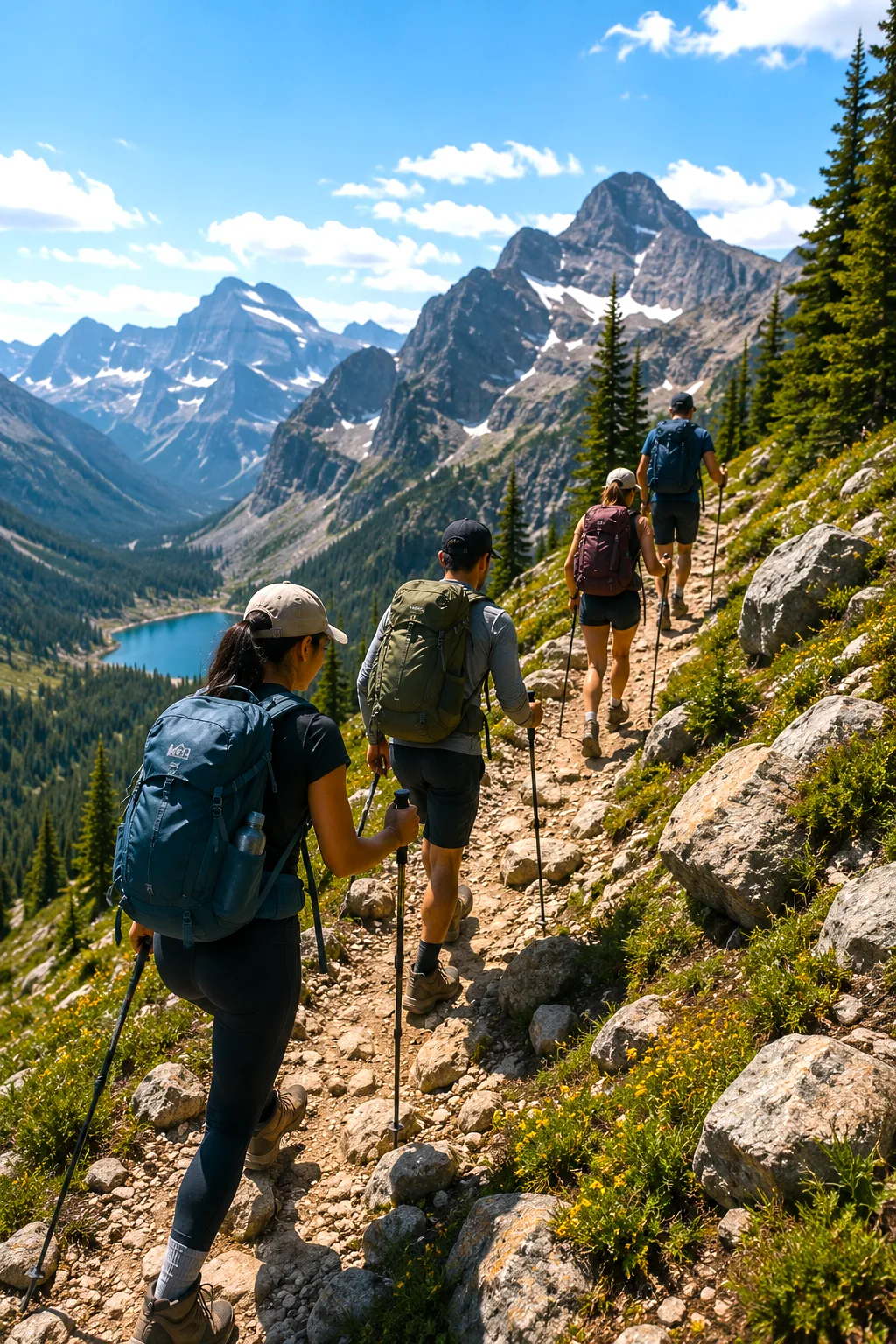 Group of friends hiking outdoors together